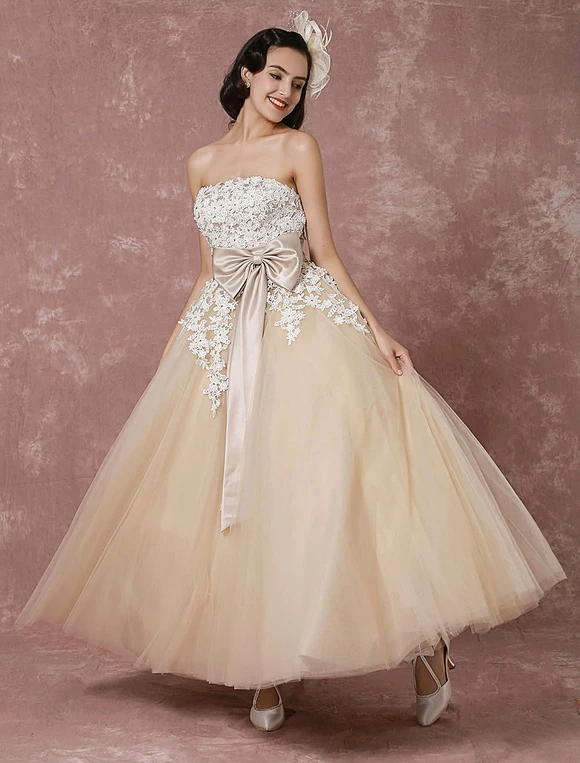 Lace Wedding Dress Tulle Champagne Bridal Gown With Shrug Cape Ball Gown Strapless Sweetheart Ribbon Bow Sash Ankle Length Bridal Dress Milanoo - Image 5