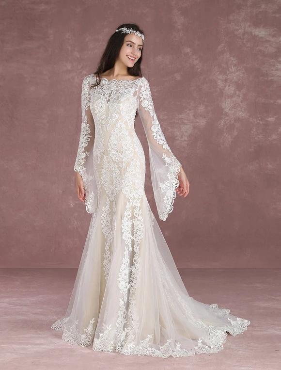 Summer Wedding Dresses 2023 Boho Beach Mermaid Bridal Dress Lace Applique Keyhole Bateau Fishtail Champagne Bridal Gown With Train Milanoo - Image 7