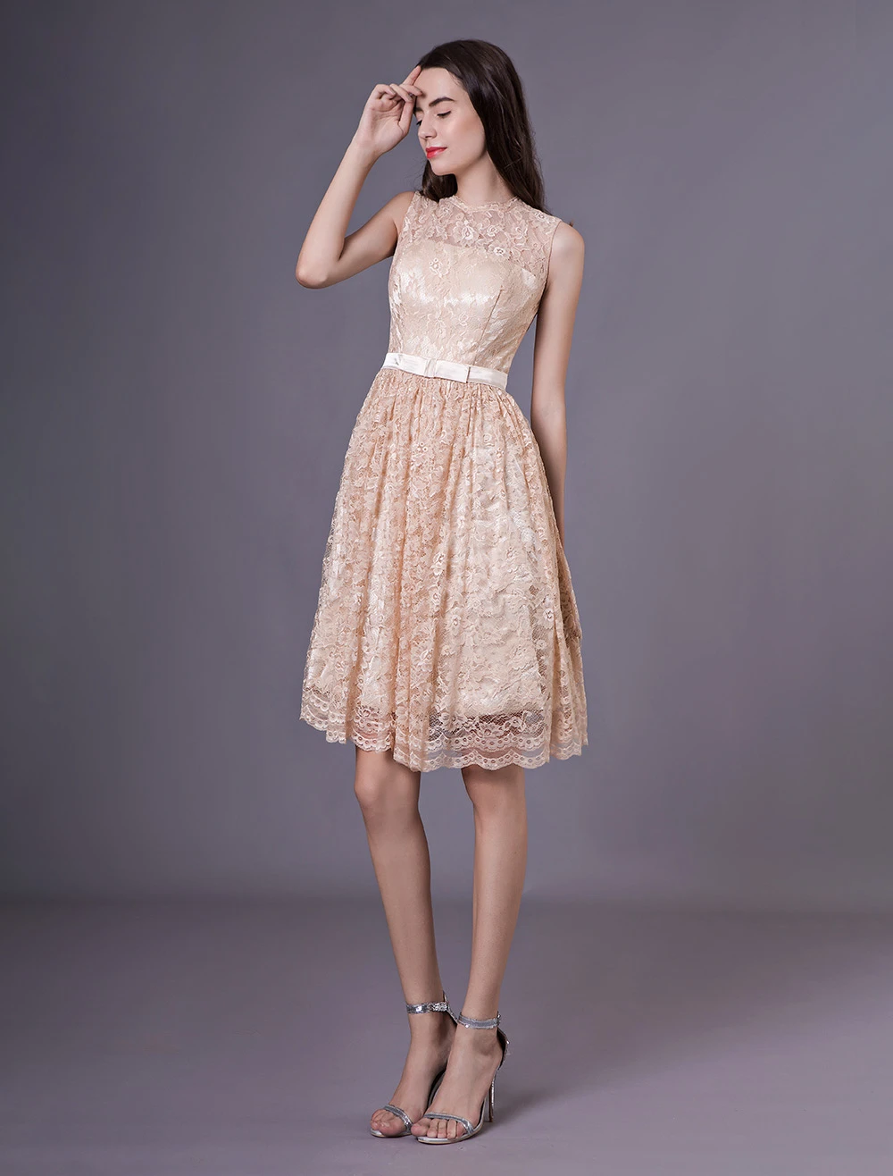 Short Prom Dress Lace Champagne Short Keyhole Cocktail Party Dress - Image 4