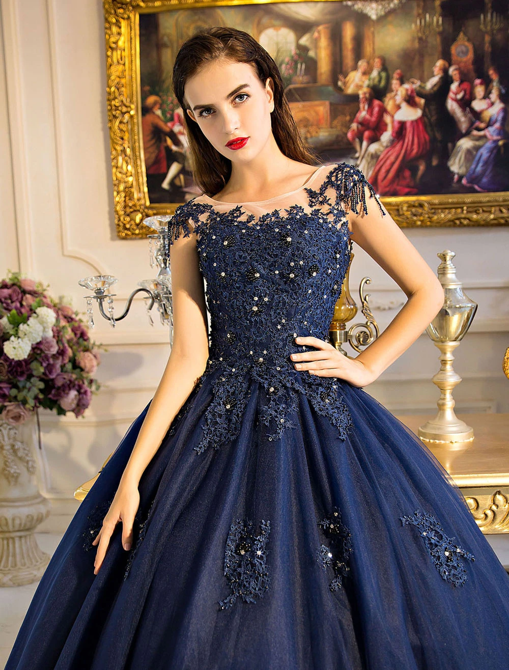 Princess Quinceanera Dresses Luxury Dark Navy Lace Applique Beaded Keyhole Floor Length Women's Pageant Dress Free Customization - Image 5
