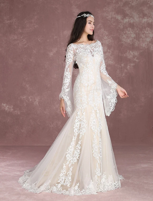 Summer Wedding Dresses 2023 Boho Beach Mermaid Bridal Dress Lace Applique Keyhole Bateau Fishtail Champagne Bridal Gown With Train Milanoo - Image 3