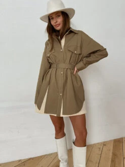 Dresses Shirt Dresses Midi Dress Green Turndown Collar Long Sleeves Two-Tone