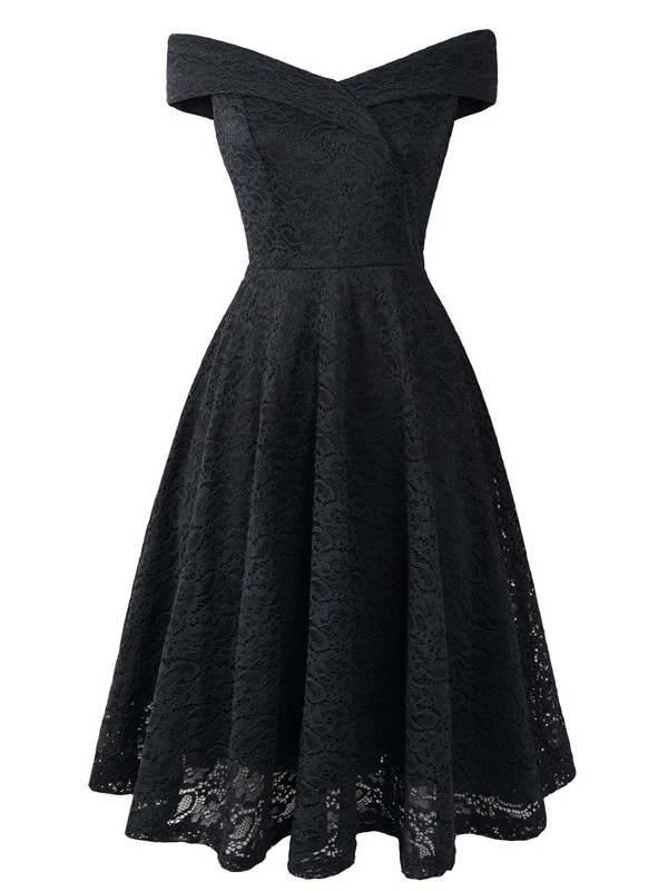 Lace Dresses Dark Navy V-Neck Sleeveless Open Shoulder Lace Hollow Out Retro Wrap Dresses