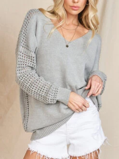 Pullovers For Women Gray V-Neck Long Sleeves Acrylic Sweaters
