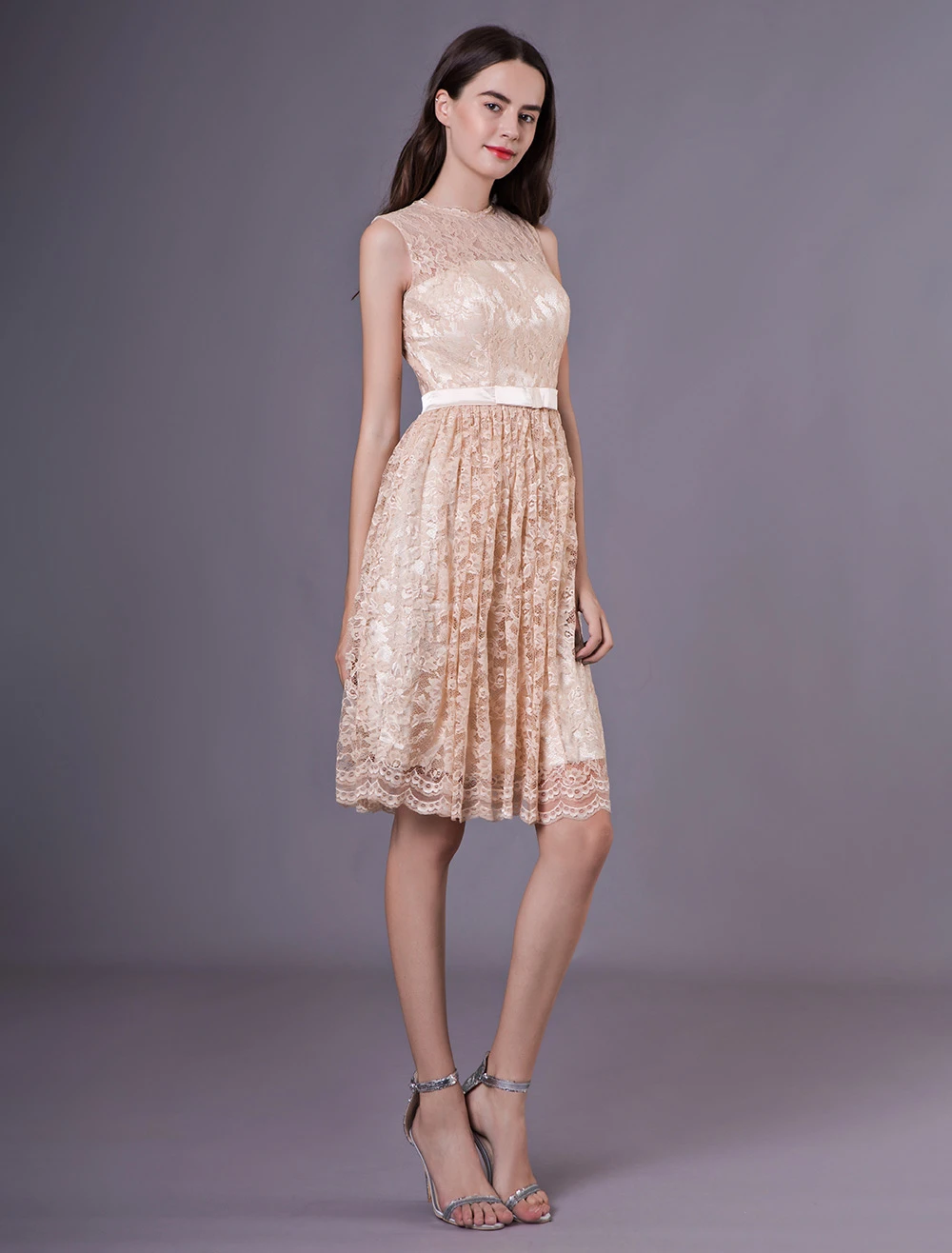 Short Prom Dress Lace Champagne Short Keyhole Cocktail Party Dress - Image 3