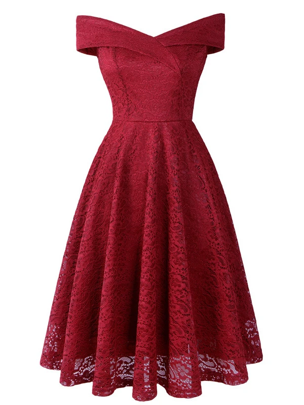 Lace Dresses Dark Navy V-Neck Sleeveless Open Shoulder Lace Hollow Out Retro Wrap Dresses - Image 4