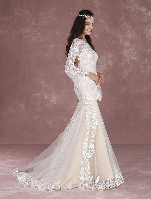 Summer Wedding Dresses 2023 Boho Beach Mermaid Bridal Dress Lace Applique Keyhole Bateau Fishtail Champagne Bridal Gown With Train Milanoo - Image 9