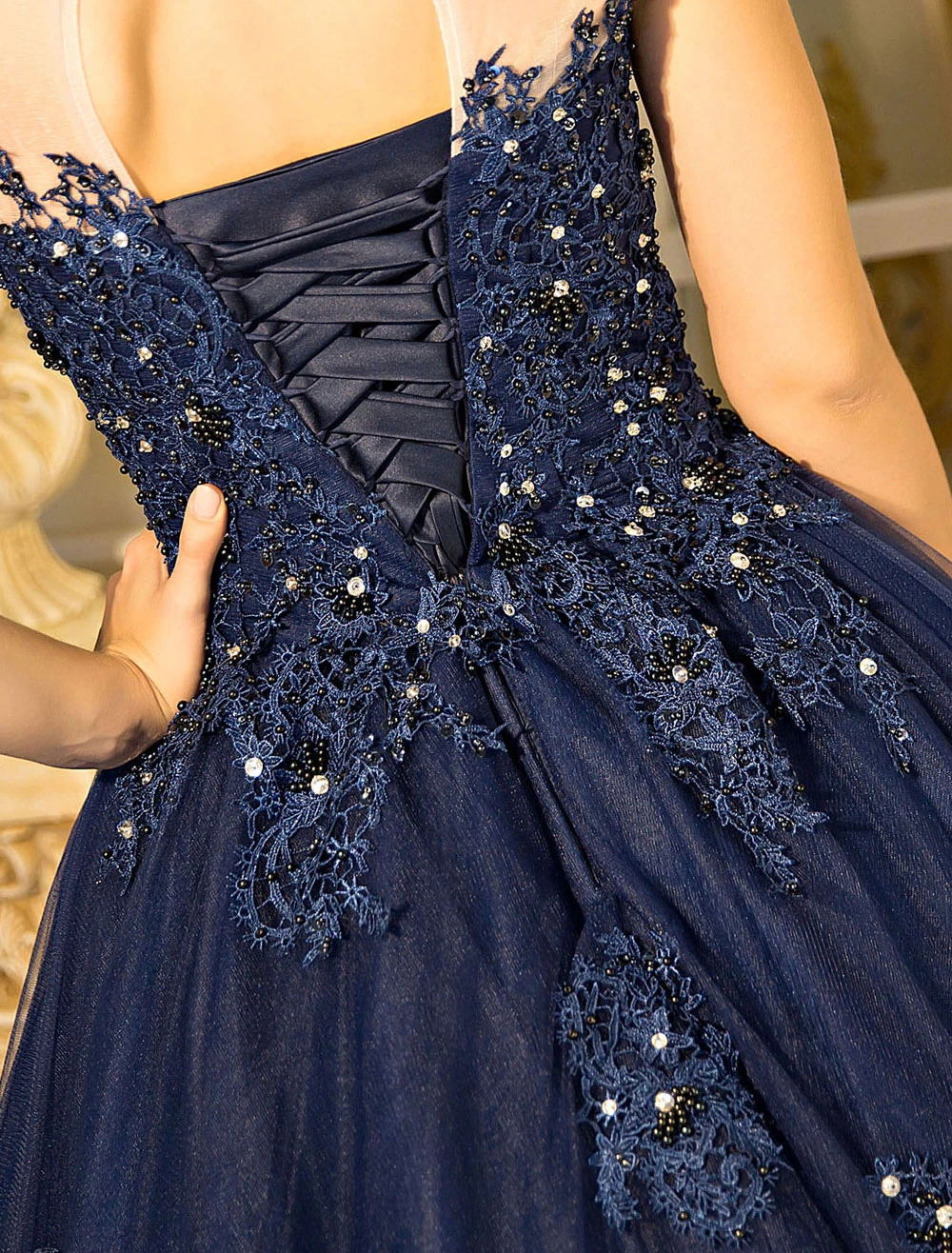 Princess Quinceanera Dresses Luxury Dark Navy Lace Applique Beaded Keyhole Floor Length Women's Pageant Dress Free Customization - Image 7