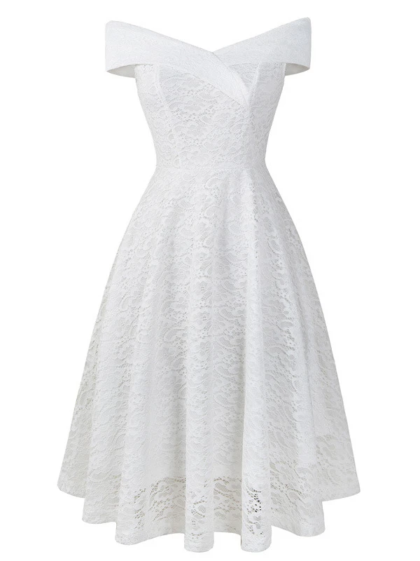 Lace Dresses Dark Navy V-Neck Sleeveless Open Shoulder Lace Hollow Out Retro Wrap Dresses - Image 3