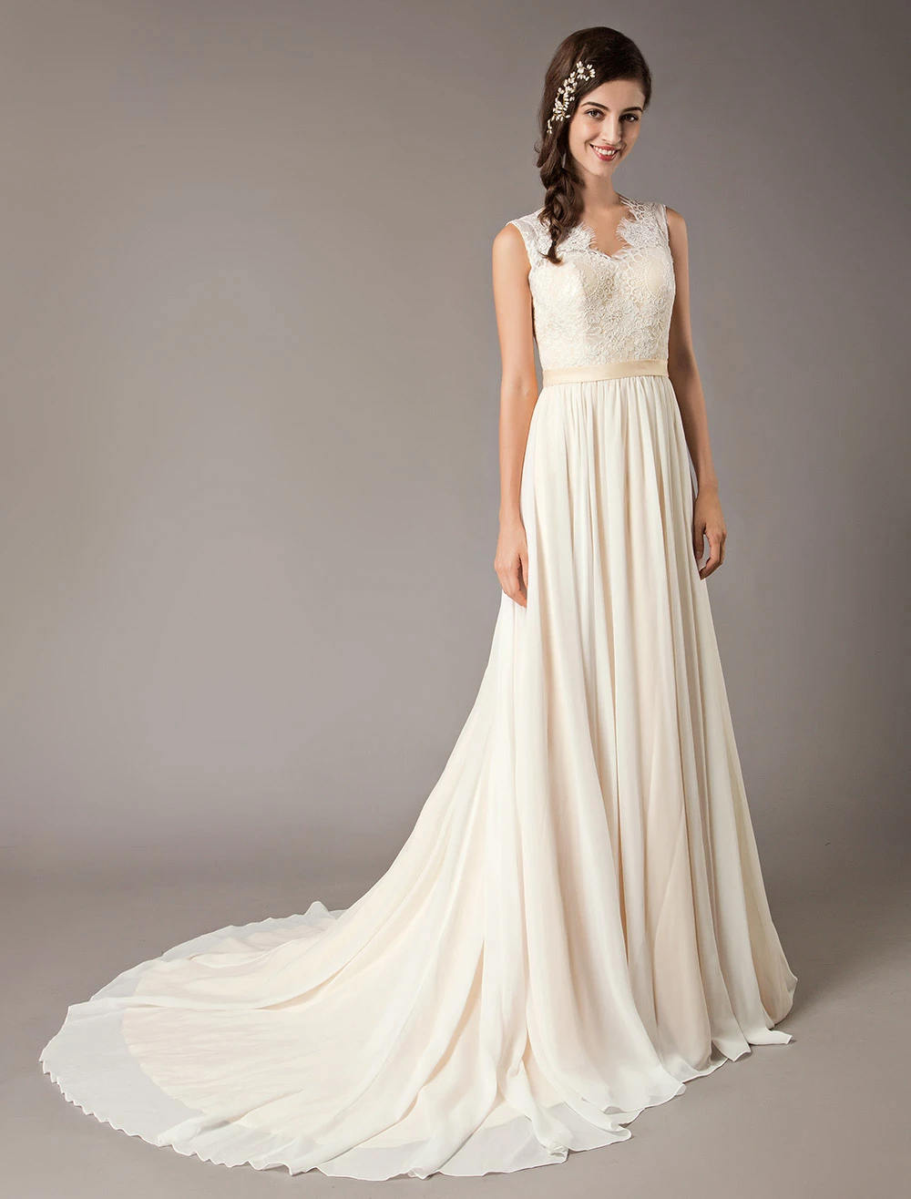 Champagne Wedding Dresses Beach Lace Chiffon V Neck Bridal Dress Free Customization - Image 5
