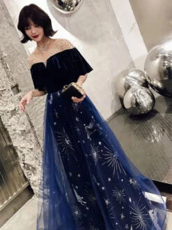Prom Dresses Constellation Dress Long Tulle Velvet Patchwork Ruffles Glitter Maxi Formal Party Dress Wedding Guest Dresses Free Customization