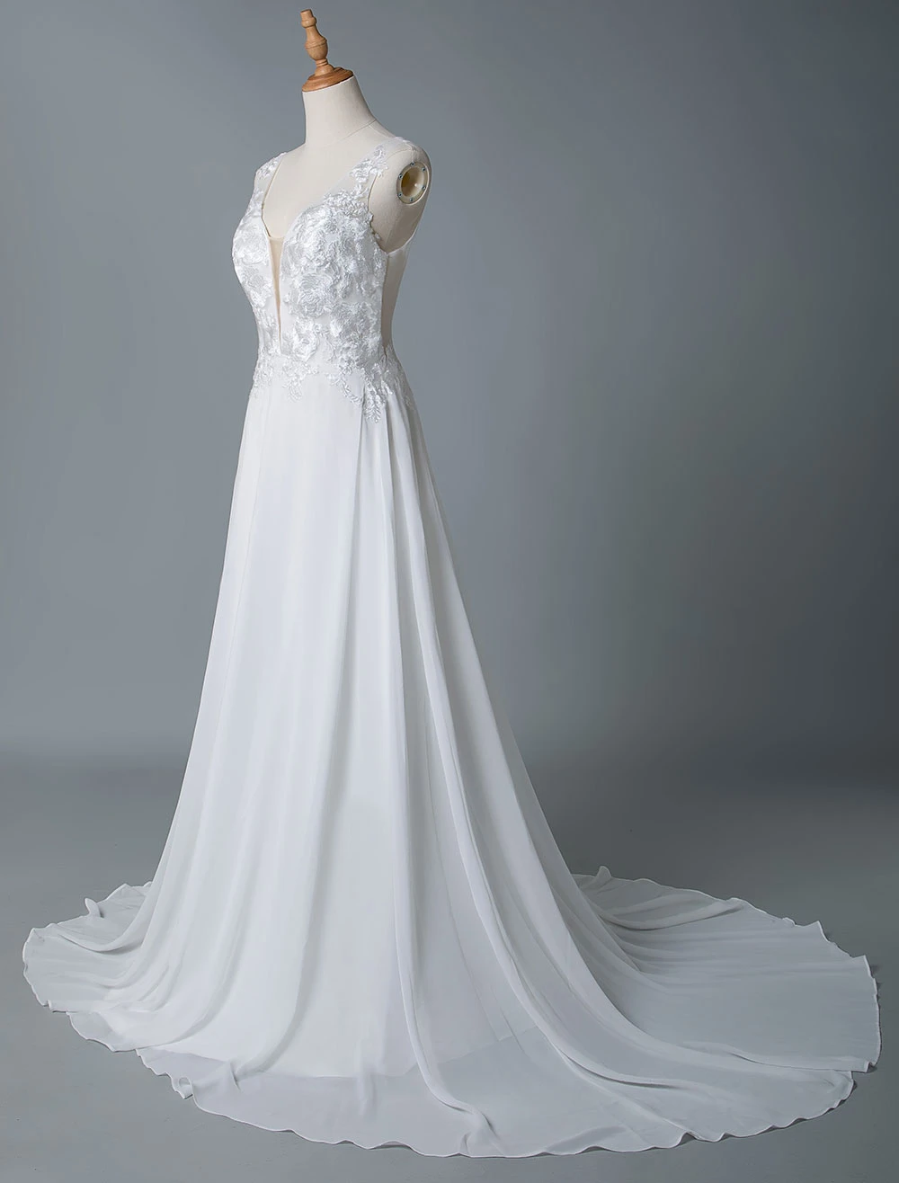 Simple Wedding Dress A Line V Neck Sleeveless Lace Illusion Back Bridal Gowns - Image 6