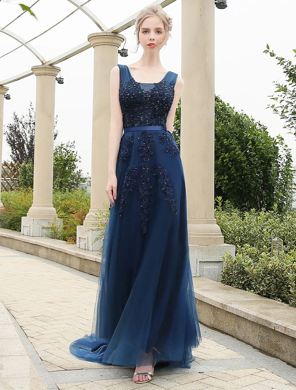 Long Prom Dress 2023 Dark Navy V Neck Backless Lace Beading A Line Tulle Formal Dresses Wedding Guest Dresses - Image 2