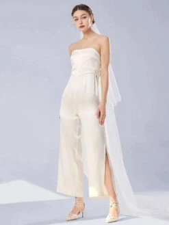 Ivory Bridal Jumpsuit 2023 Bows Ankle-Length A-Line Strapless Sleeveless Wedding Jumpsuit Free Customization