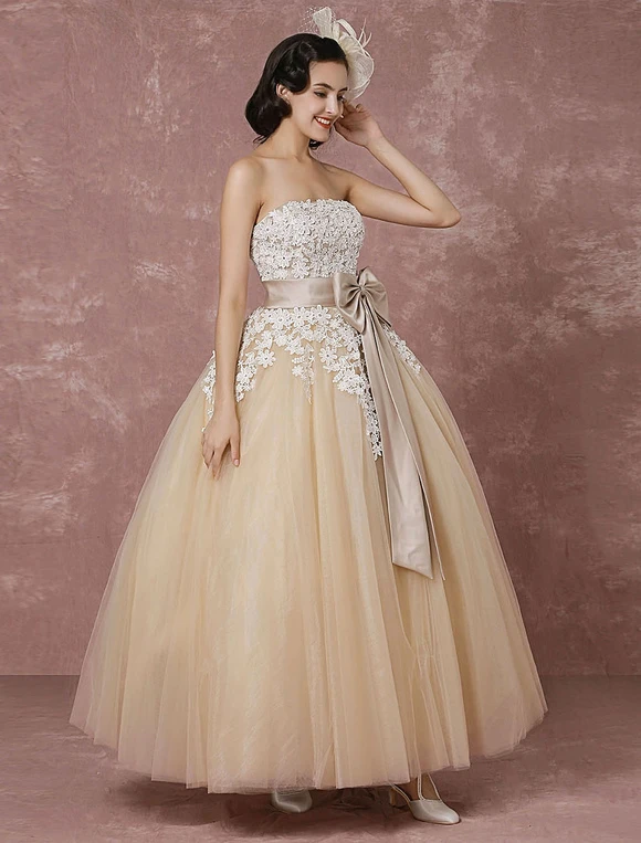 Lace Wedding Dress Tulle Champagne Bridal Gown With Shrug Cape Ball Gown Strapless Sweetheart Ribbon Bow Sash Ankle Length Bridal Dress Milanoo - Image 8