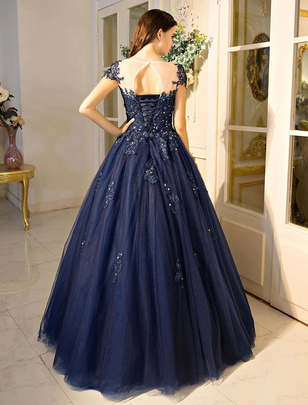 Princess Quinceanera Dresses Luxury Dark Navy Lace Applique Beaded Keyhole Floor Length Women's Pageant Dress Free Customization - Image 4