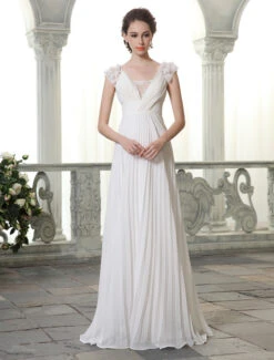 Beach Wedding Dress V Neckline Chiffon Beading Pleated Floor Length Bridal Gown Free Customization