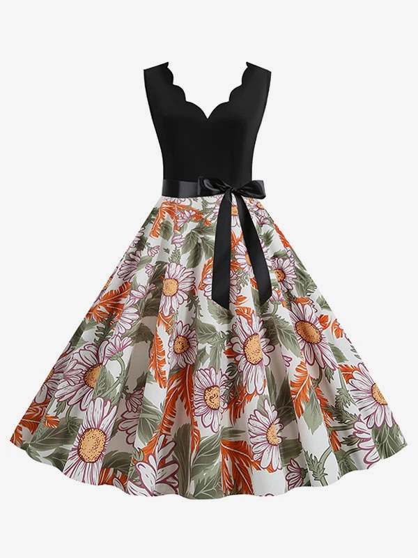 Sunflower Summer Dress 1950s Audrey Hepburn Style Black Floral Sleeveless V Neck Swing Dress