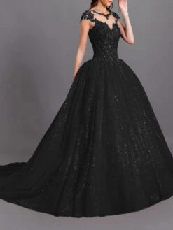 Black Wedding Dress With Train V-Neck Sleeveless Backless Polyester Lace Tulle A-Line