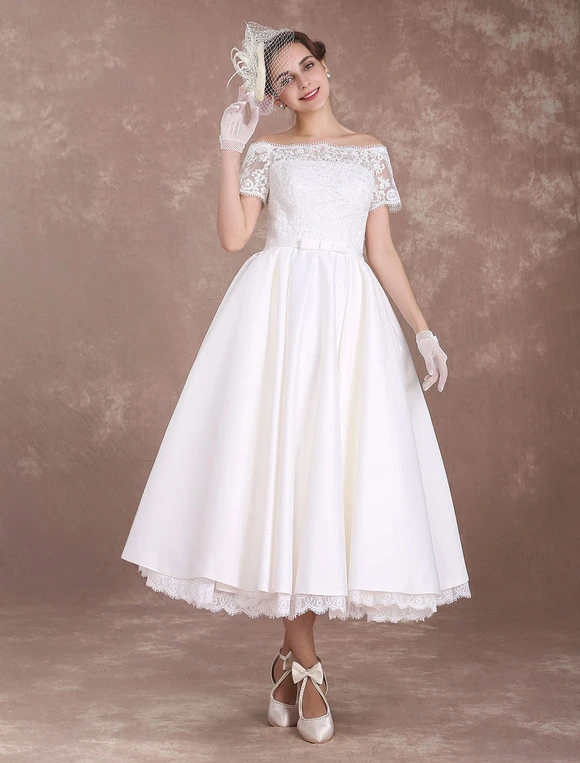 Short Wedding Dresses Vintage Bridal Dress 1950 Bateau Lace Short Sleeve Ivory Bow Sash Tea Length Wedding Reception Dress Free Customization - Image 2