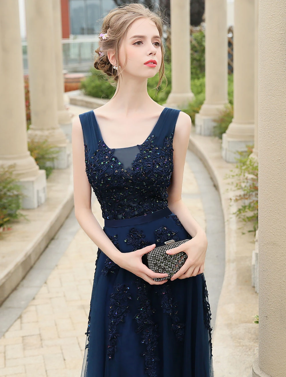 Long Prom Dress 2023 Dark Navy V Neck Backless Lace Beading A Line Tulle Formal Dresses Wedding Guest Dresses - Image 4