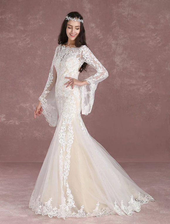 Summer Wedding Dresses 2023 Boho Beach Mermaid Bridal Dress Lace Applique Keyhole Bateau Fishtail Champagne Bridal Gown With Train Milanoo - Image 8