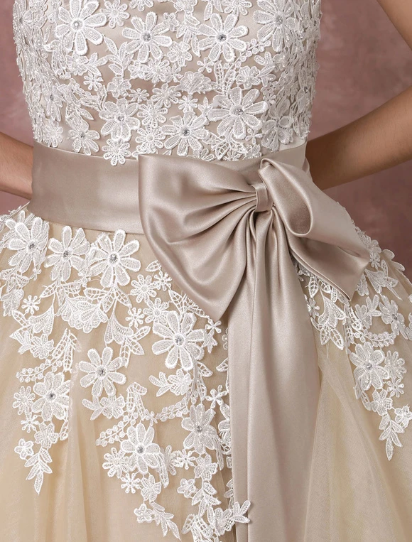 Lace Wedding Dress Tulle Champagne Bridal Gown With Shrug Cape Ball Gown Strapless Sweetheart Ribbon Bow Sash Ankle Length Bridal Dress Milanoo - Image 13