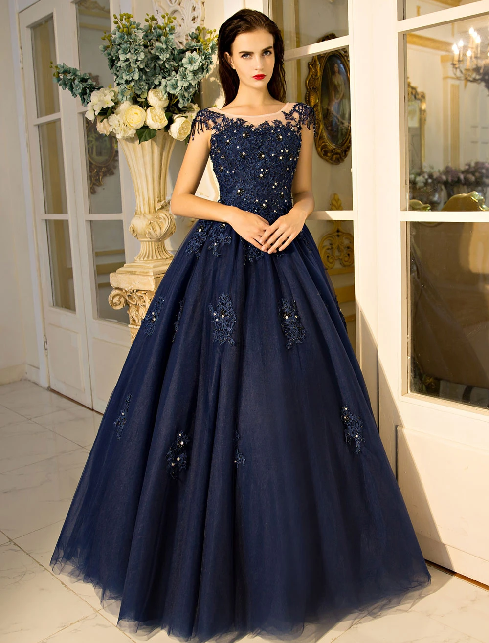 Princess Quinceanera Dresses Luxury Dark Navy Lace Applique Beaded Keyhole Floor Length Women's Pageant Dress Free Customization - Image 3