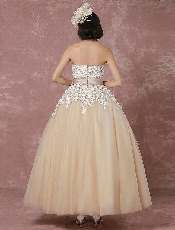 Lace Wedding Dress Tulle Champagne Bridal Gown With Shrug Cape Ball Gown Strapless Sweetheart Ribbon Bow Sash Ankle Length Bridal Dress Milanoo - Image 11