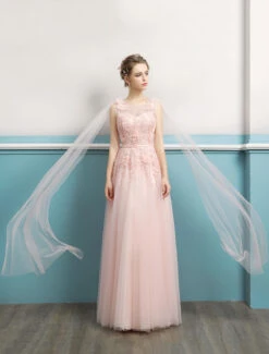 Prom Dresses 2023 Long Soft Pink Prom Gown Lace Beading Sash Ribbon Backless Floor Length Tulle Formal Party Dresses