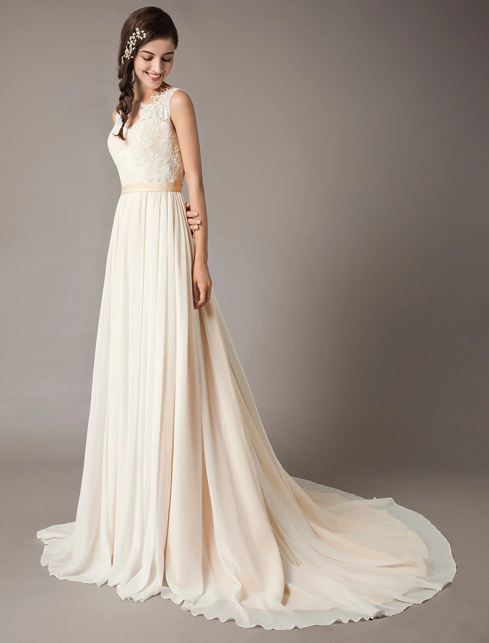 Champagne Wedding Dresses Beach Lace Chiffon V Neck Bridal Dress Free Customization - Image 4