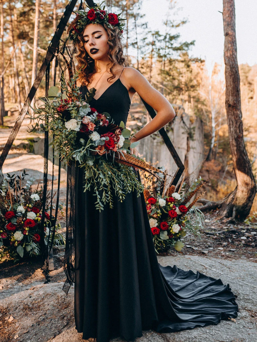 Gothic Black Wedding Dresses A-Line Stripes Neck Sleeveless With Train Bridal Gown Free Customization - Image 2