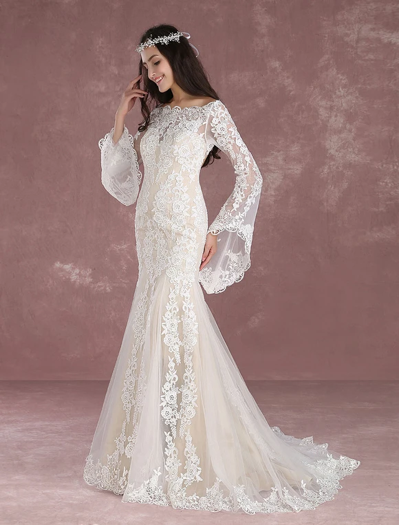 Summer Wedding Dresses 2023 Boho Beach Mermaid Bridal Dress Lace Applique Keyhole Bateau Fishtail Champagne Bridal Gown With Train Milanoo - Image 5