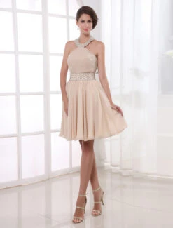 Halter Pleated Chiffon Cocktail Dress Wedding Guest Dress