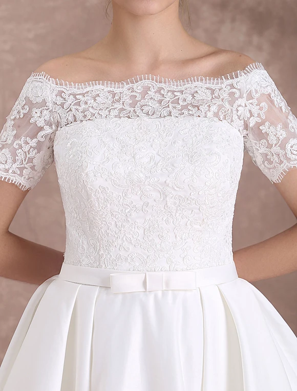 Short Wedding Dresses Vintage Bridal Dress 1950 Bateau Lace Short Sleeve Ivory Bow Sash Tea Length Wedding Reception Dress Free Customization - Image 8