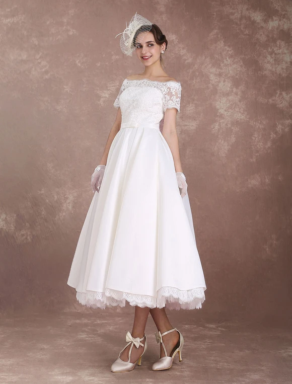 Short Wedding Dresses Vintage Bridal Dress 1950 Bateau Lace Short Sleeve Ivory Bow Sash Tea Length Wedding Reception Dress Free Customization - Image 5