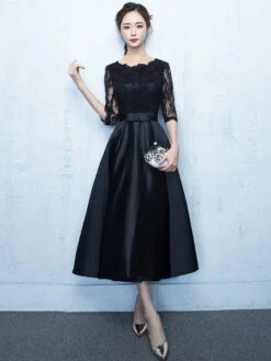 Cocktail Dresses Black Lace Satin Half Sleeve Bows Graduation Party Dress Free Customization