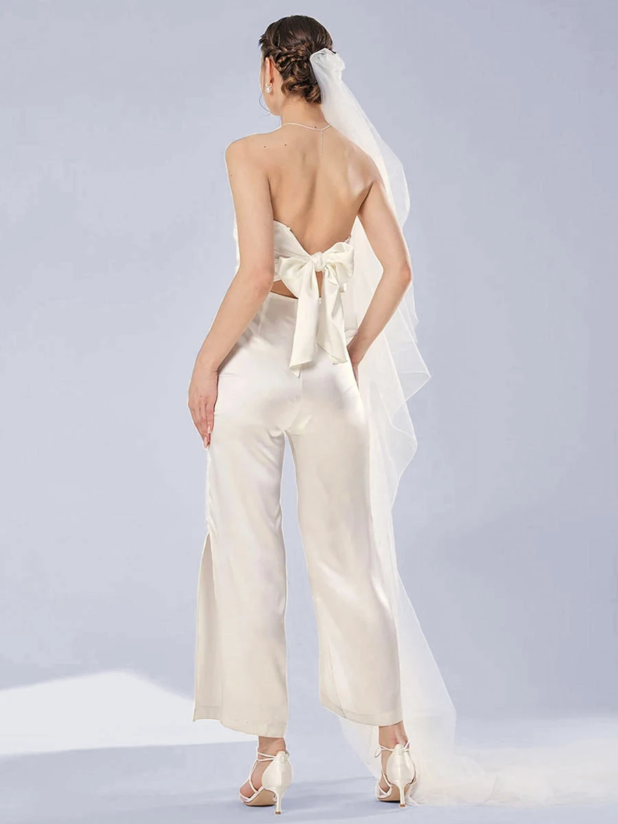 Ivory Bridal Jumpsuit 2023 Bows Ankle-Length A-Line Strapless Sleeveless Wedding Jumpsuit Free Customization - Image 2