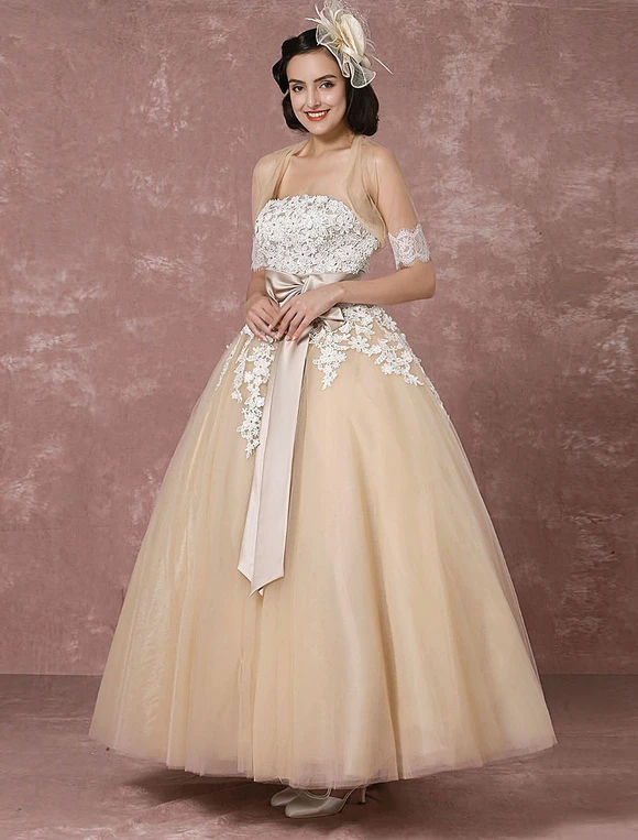 Lace Wedding Dress Tulle Champagne Bridal Gown With Shrug Cape Ball Gown Strapless Sweetheart Ribbon Bow Sash Ankle Length Bridal Dress Milanoo - Image 2