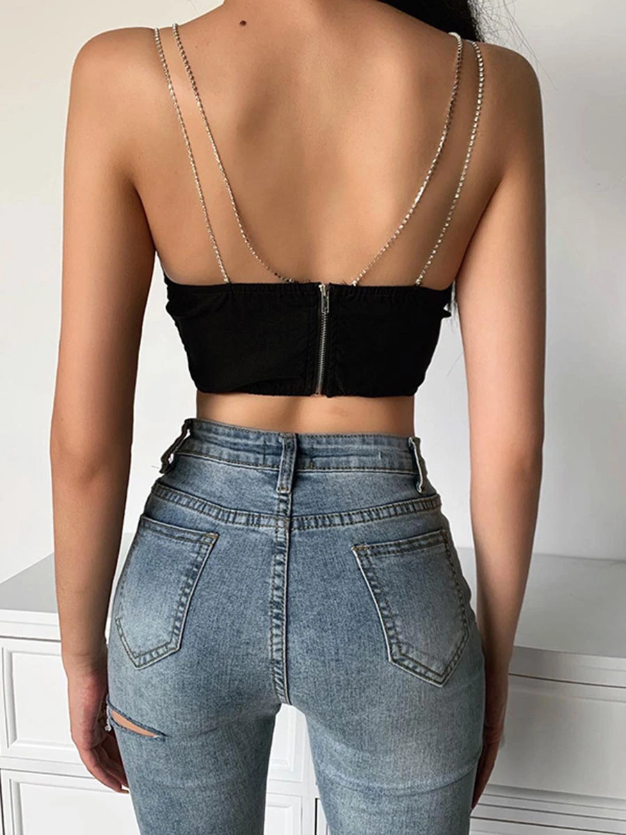 Women Sexy Tops Straps Neck Crop Top Sleeveless Chain Black Metal Details Top - Image 2