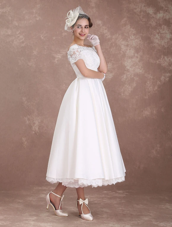 Short Wedding Dresses Vintage Bridal Dress 1950 Bateau Lace Short Sleeve Ivory Bow Sash Tea Length Wedding Reception Dress Free Customization - Image 6