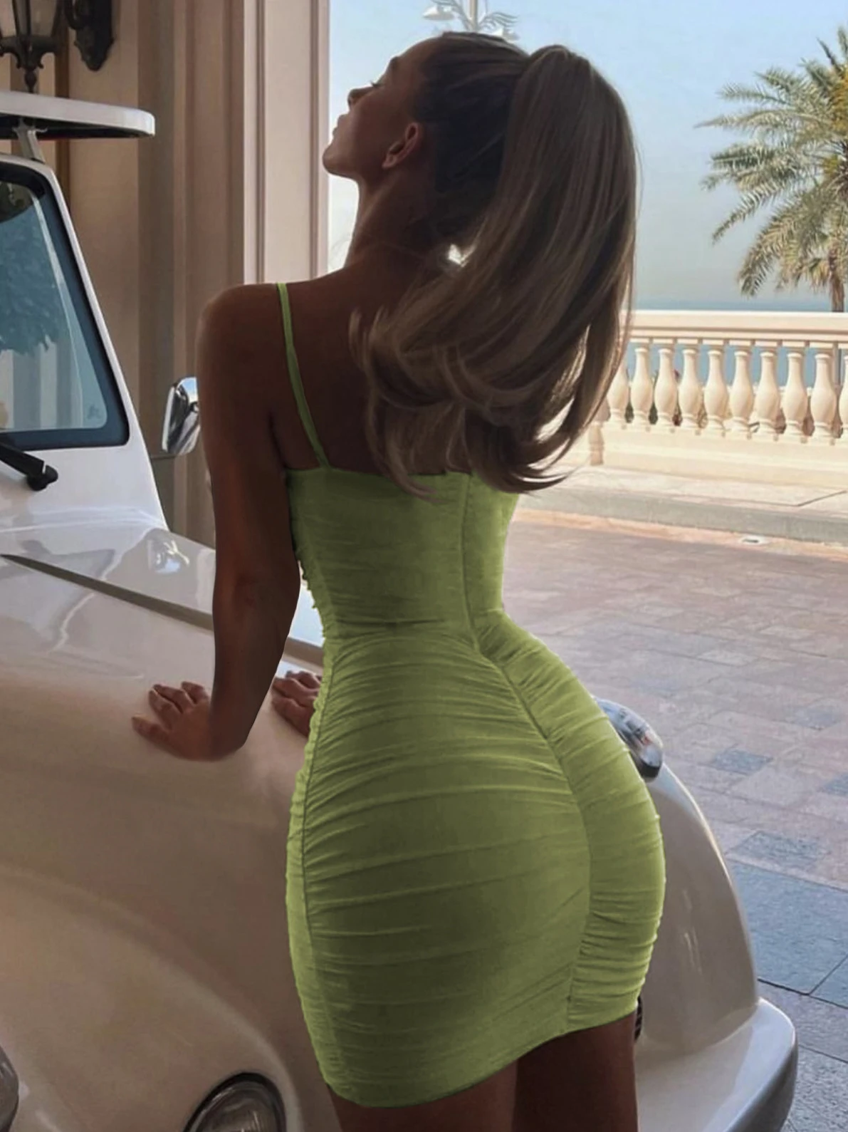 Birthday Bodycon Dresses Black Straps Neck Pleated Open Shoulder Sexy Sleeveless Pencil Dress - Image 2