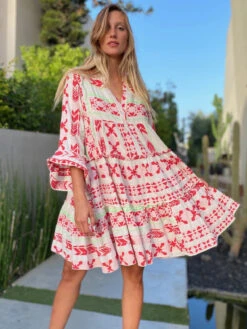 Summer Dress Red V-Neck Geometric Beach Dress