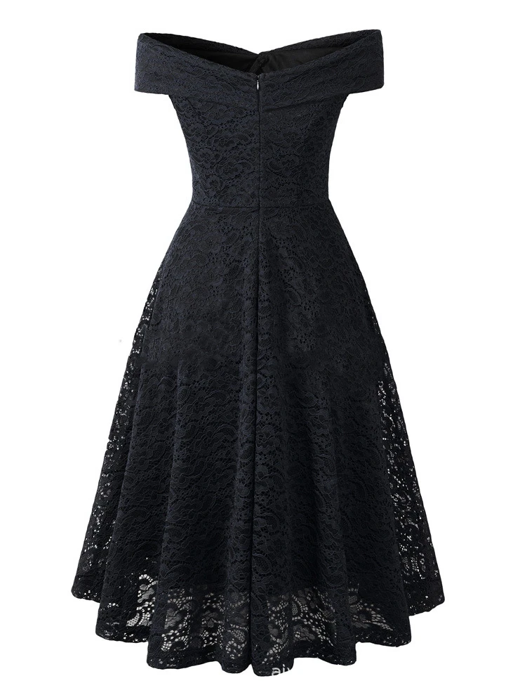 Lace Dresses Dark Navy V-Neck Sleeveless Open Shoulder Lace Hollow Out Retro Wrap Dresses - Image 2