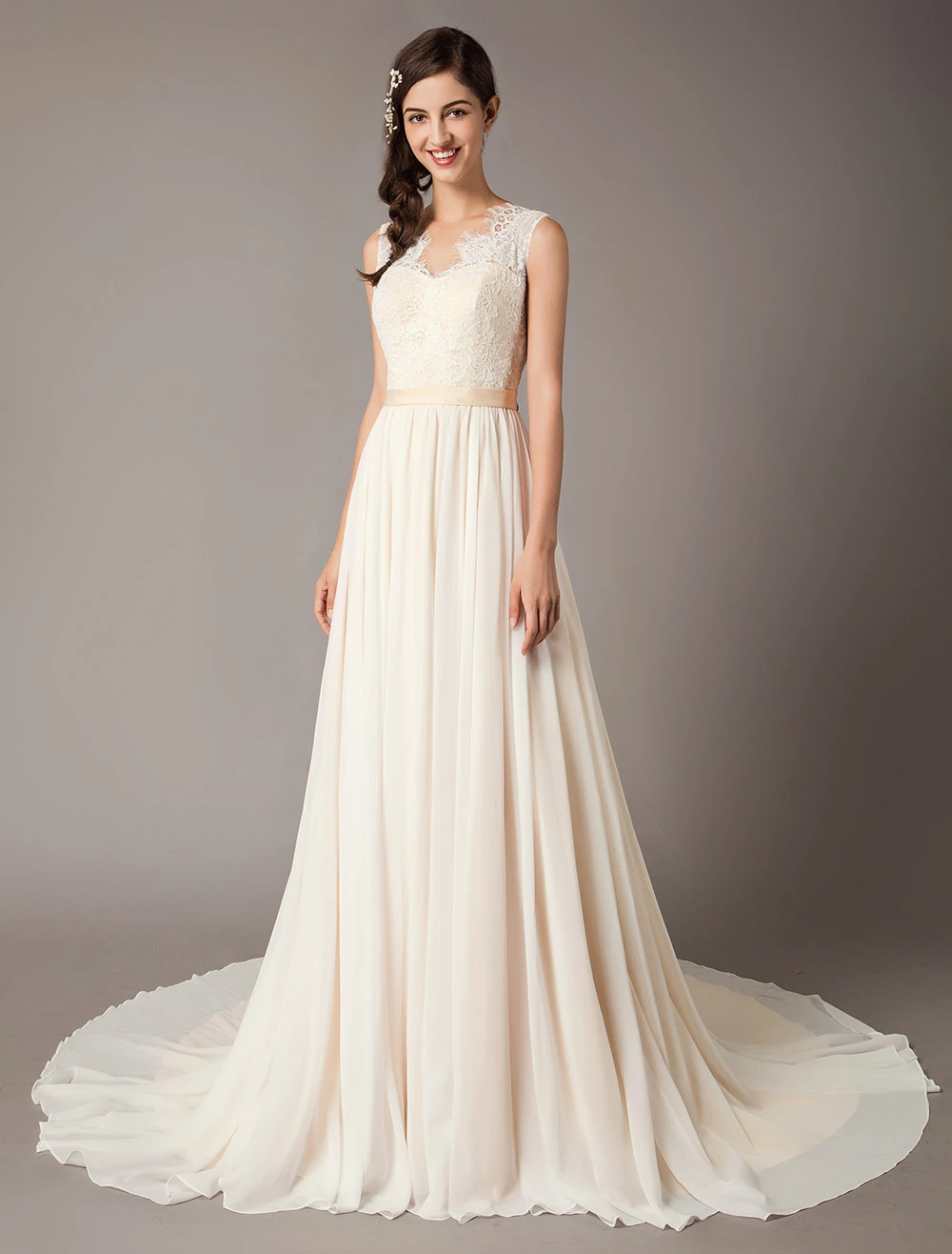 Champagne Wedding Dresses Beach Lace Chiffon V Neck Bridal Dress Free Customization - Image 3