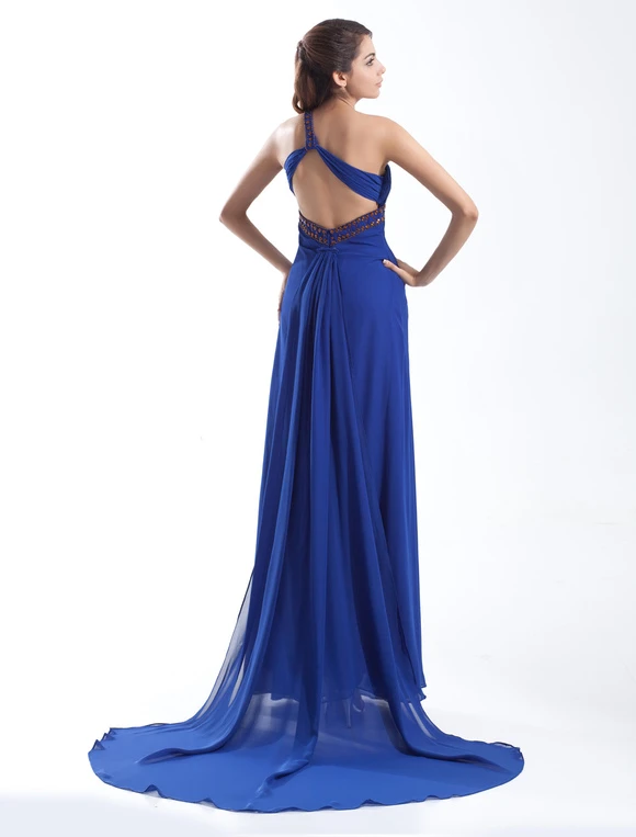 Graceful Royal Blue Chiffon Cut Out One-Shoulder Sexy Evening Dress - Image 4