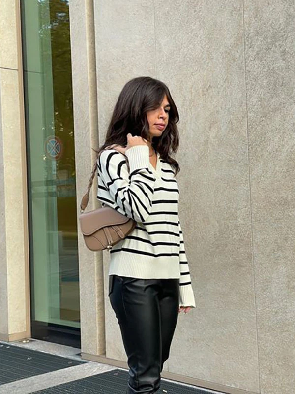 Women Pullover Sweater Burgundy Stripes Turndown Collar Long Sleeves Sweaters - Image 9