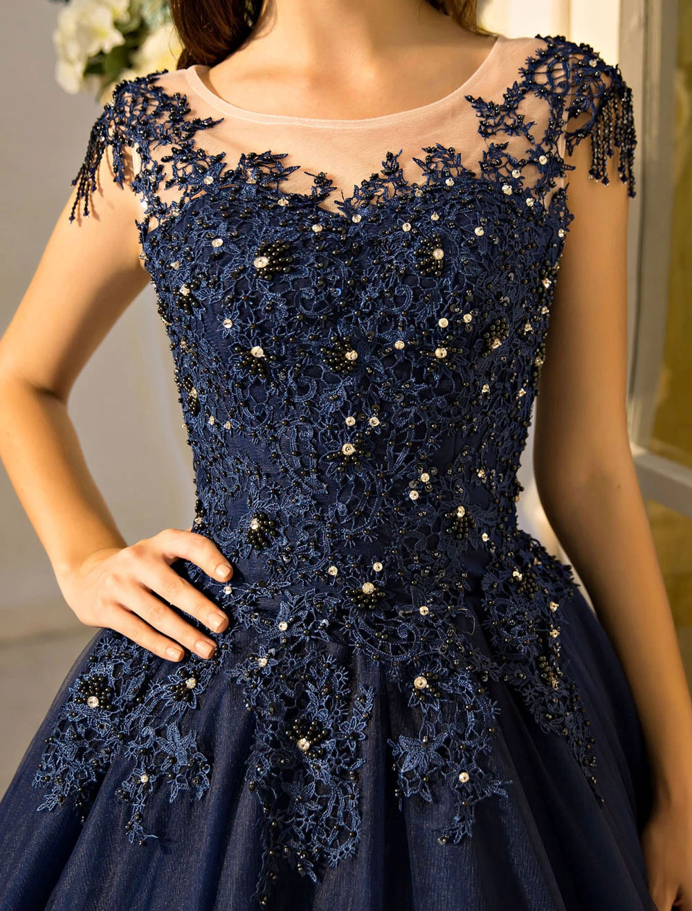 Princess Quinceanera Dresses Luxury Dark Navy Lace Applique Beaded Keyhole Floor Length Women's Pageant Dress Free Customization - Image 6