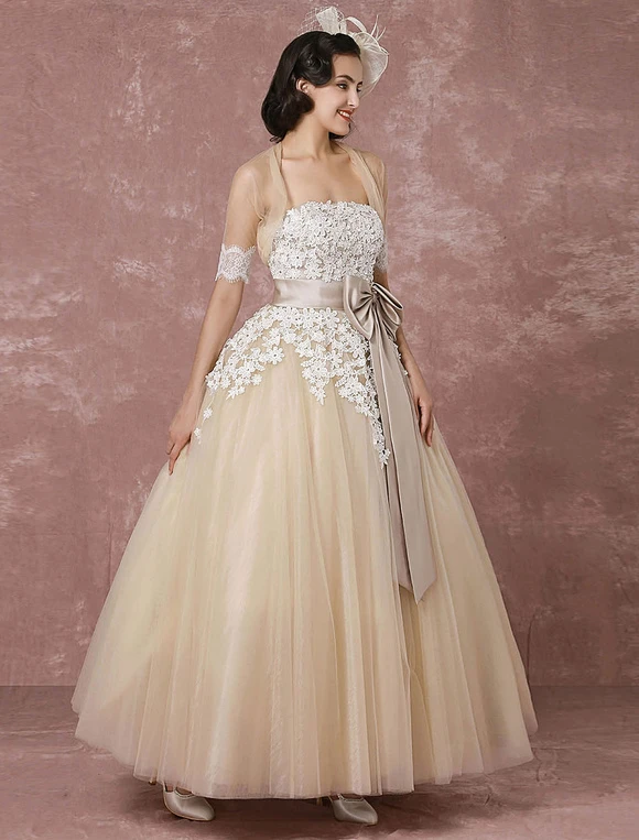 Lace Wedding Dress Tulle Champagne Bridal Gown With Shrug Cape Ball Gown Strapless Sweetheart Ribbon Bow Sash Ankle Length Bridal Dress Milanoo - Image 9