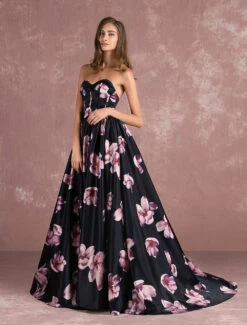 Floral Pageant Dress Black Sweetheart Strapless Long Evening Dress 2023 Boned Printed Chapel Train Occasion Dress Free Customization